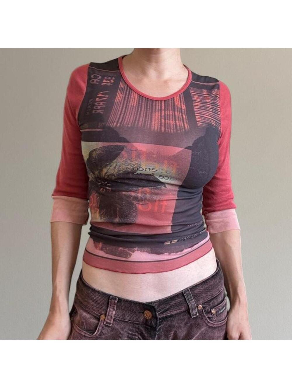 Vintage cop copine graphic print micromesh 3/4 sleeve top